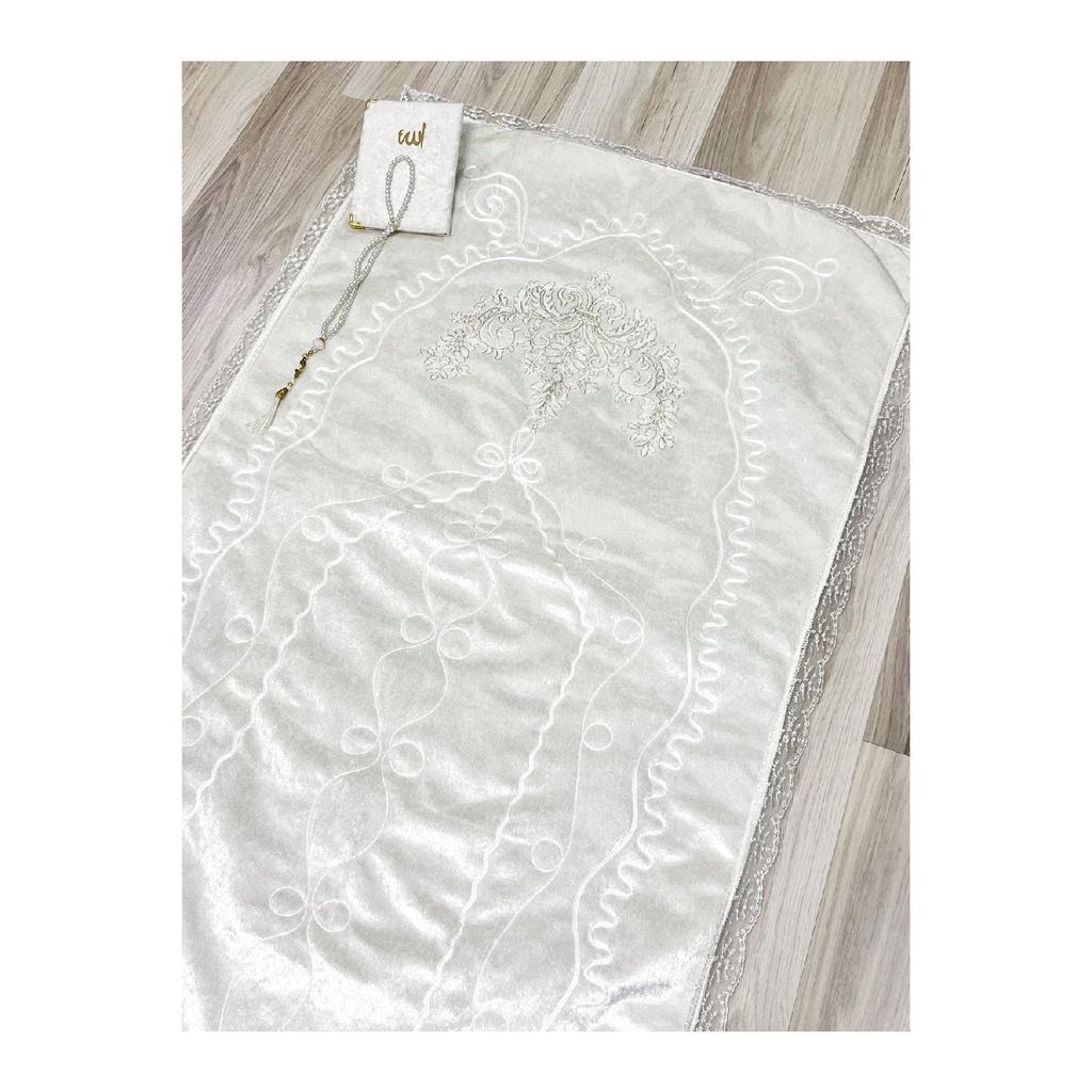 French Laced 3 Piece Embroidered Velvet Dowry Bridal Set Prayer Rug