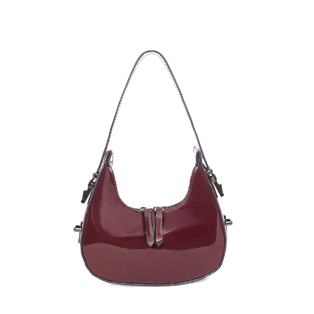 Женская бордово-красная сумка на плечо из лакированной кожи с детальным ремешком