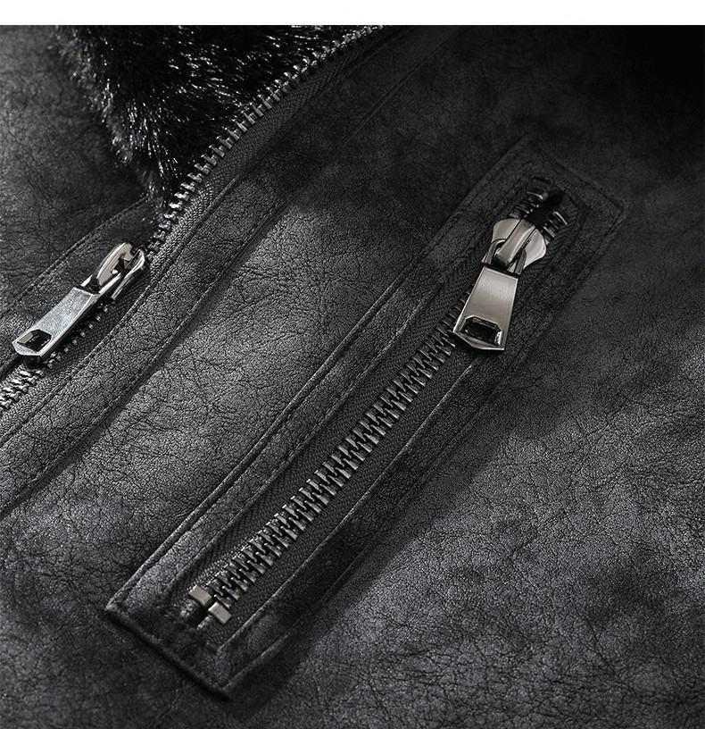 JK2035 Мужская куртка большого размера из кожи и меха с лацканами - Утепленная бархатная для осени/зимы