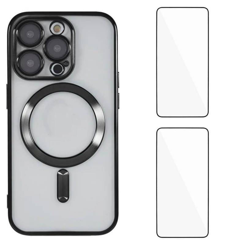 For iPhone 13 Pro 6.1 Inch Magnetic Case WANLONFENG Electroplated TPU Cover with Lens Film+2Pcs Tempered Glass
