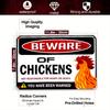 Humorous Chicken Warning Sign  Durable Iron Wall Art xcm Red  White Stripes Ideal for Farms and Outdoor Safety