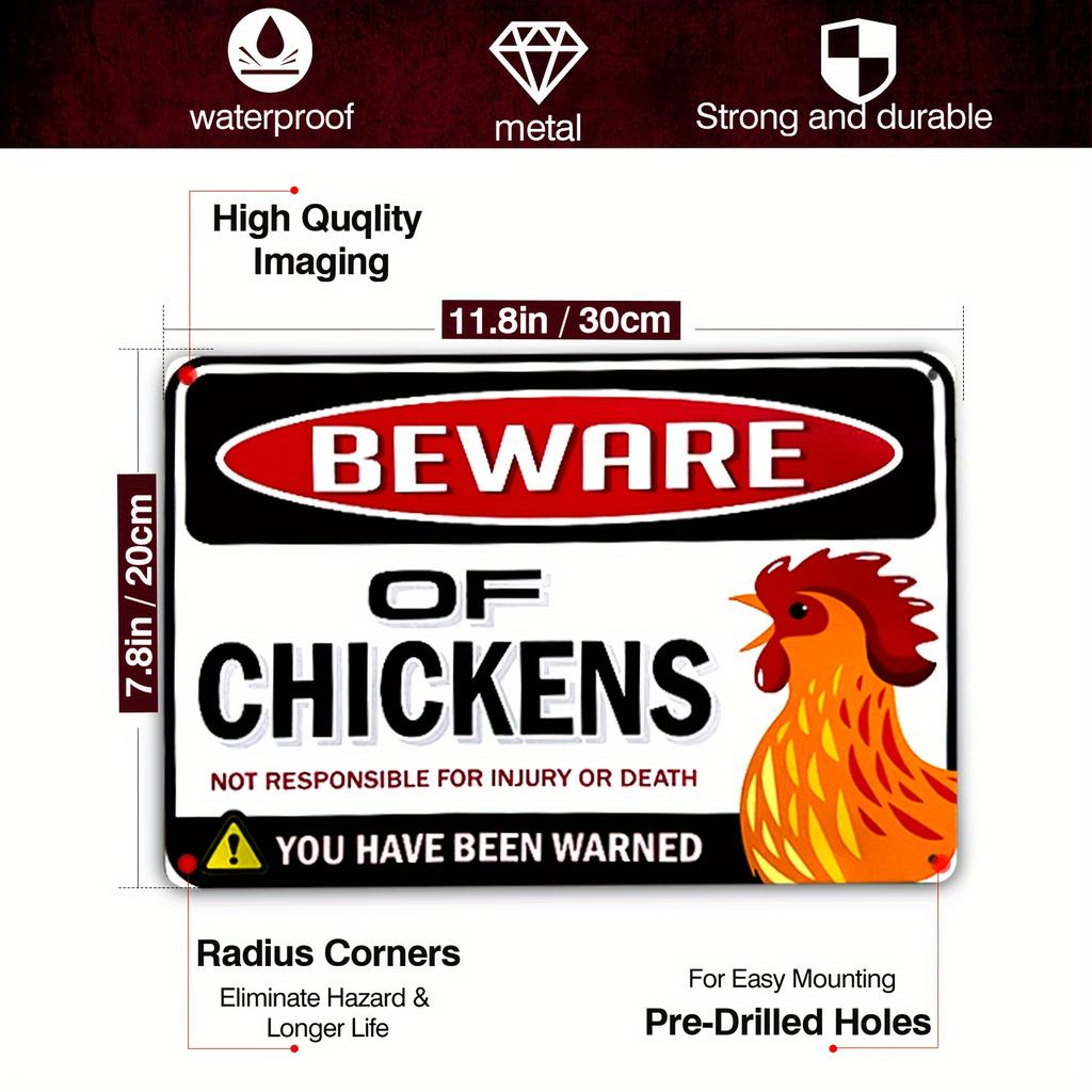 Humorous Chicken Warning Sign Durable Iron Wall Art xcm Red White Stripes Ideal for Farms and Outdoor Safety