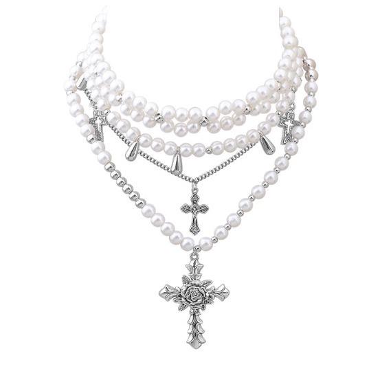 Европейское и американское многослойное жемчужное ожерелье-крест - дизайн Y2K Punk Spicy Sweet