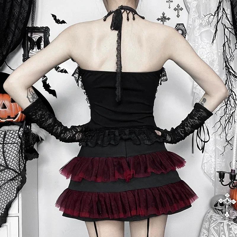 AltGoth Gothic Hotsweet Camisole Женская винтажная эстетика Y2k E-girl Hipster Кружевная Лоскутная Холтер Укороченная майка Косплей Одежда