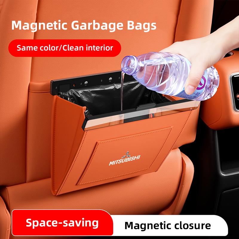 Car Leather Garbage Bag Magnetic Adsorption Seat Back Hanging Storage Bag For Mitsubishi Colt I200 Space Ralliart Ex Star Mirage HZ8