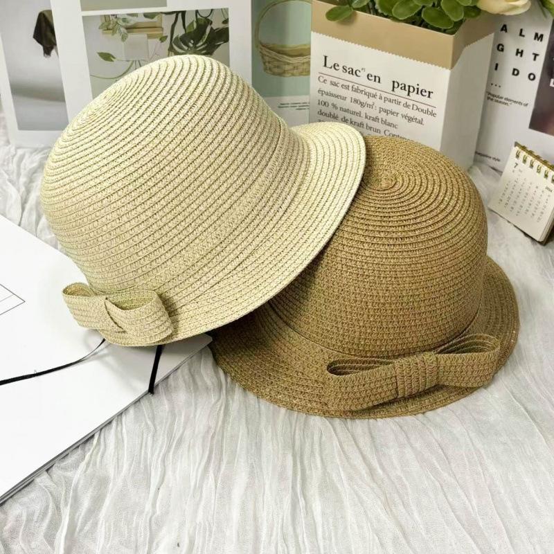New straw hat French elegant small brim hat children summer sunscreen celebrity big edge basin hat bow sun hat