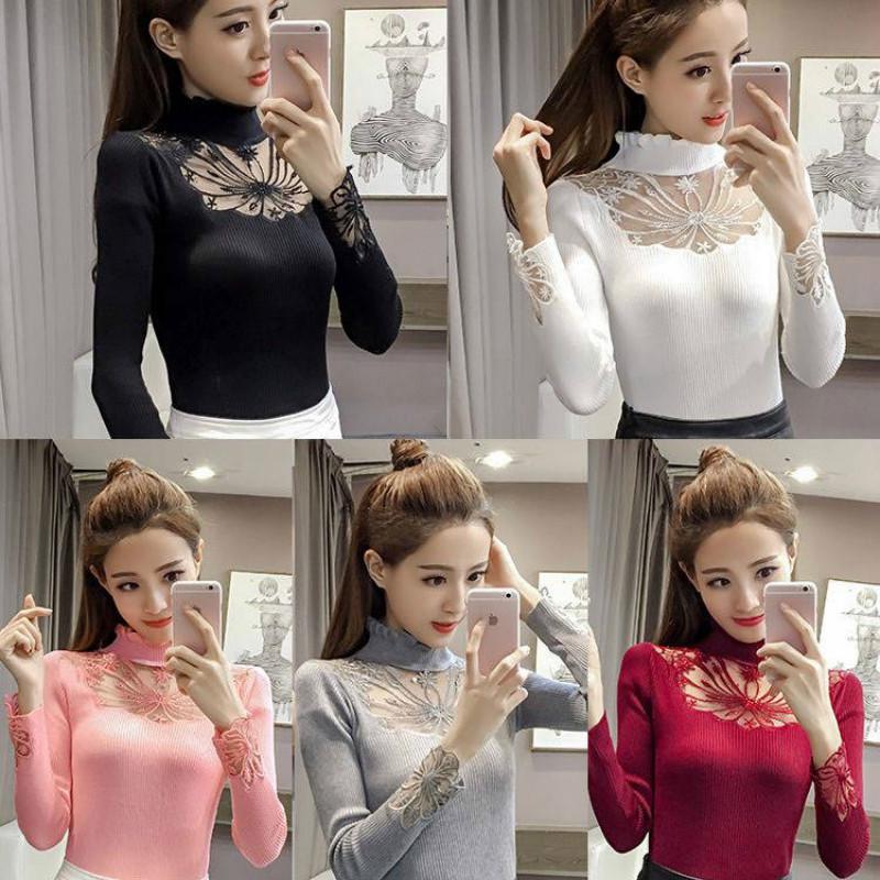 Pofulove Black Lace Sweater Women's Pullover Sweater Stretch Net Yarn Slim Was Thin Bottoming