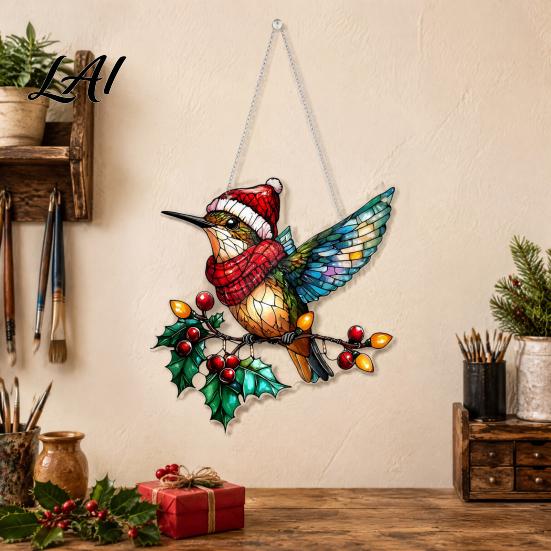 Nature Themed Hanging Art Acrylic Scenery/Bird Ornament Stained Glass Style Pendant Double Sided Unique Christmas Party Supplies Decoration