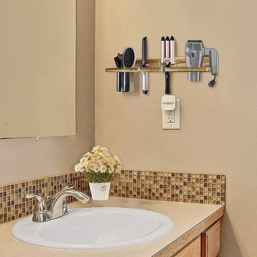 Компактный держатель для фена Деревянный держатель для выпрямителя Винтажная полка для плойки для дома