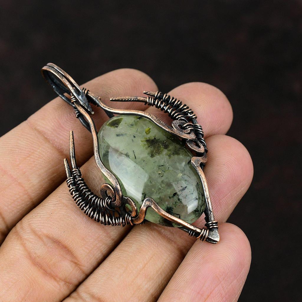 Кулон из мха-пренита, обернутый медной проволокой, кулон, ювелирные изделия из медной проволоки ручной работы, кулон в форме лица быка, ювелирные изделия из натурального драгоценного камня, подарок для нее
