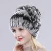 New Russia Women Real Rex Rabbit Fur Skullies Hats Luxury Knitted Flowers Genuine Rex Rabbit Fur Cap Winter Real Fur Beanies Hat