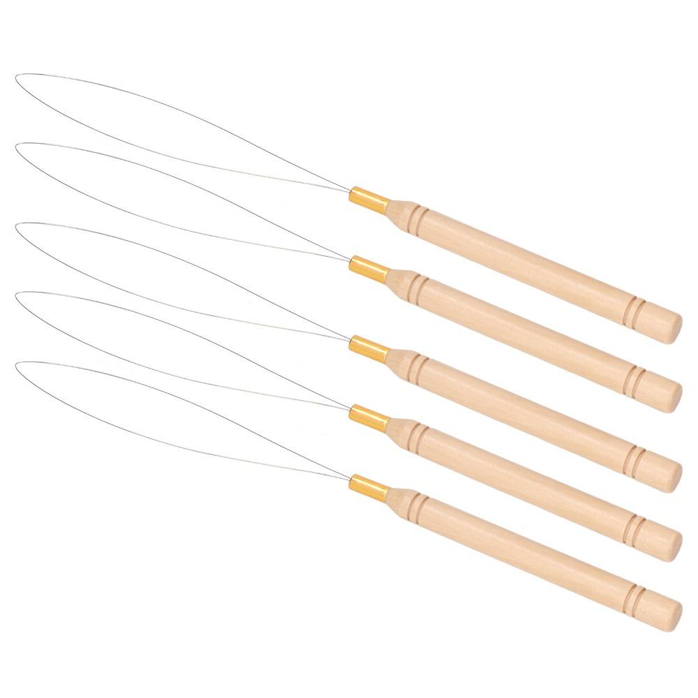 10Pcs Anti-Slip Handle Pulling Hook Tool Beech Wood Handle Micro Ring Threader For Hair Extensions
