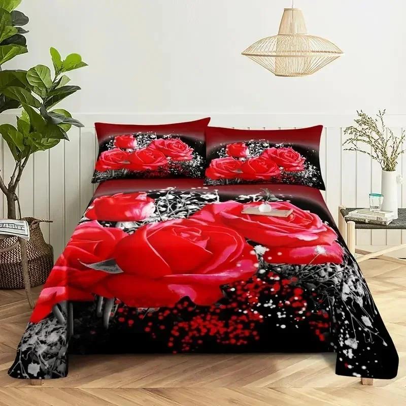 Top Red Rose Floral Bedding Set King Queen Microfiber Flower Print Duvet Cover Romantic Valentine's Day Bedroom Decor