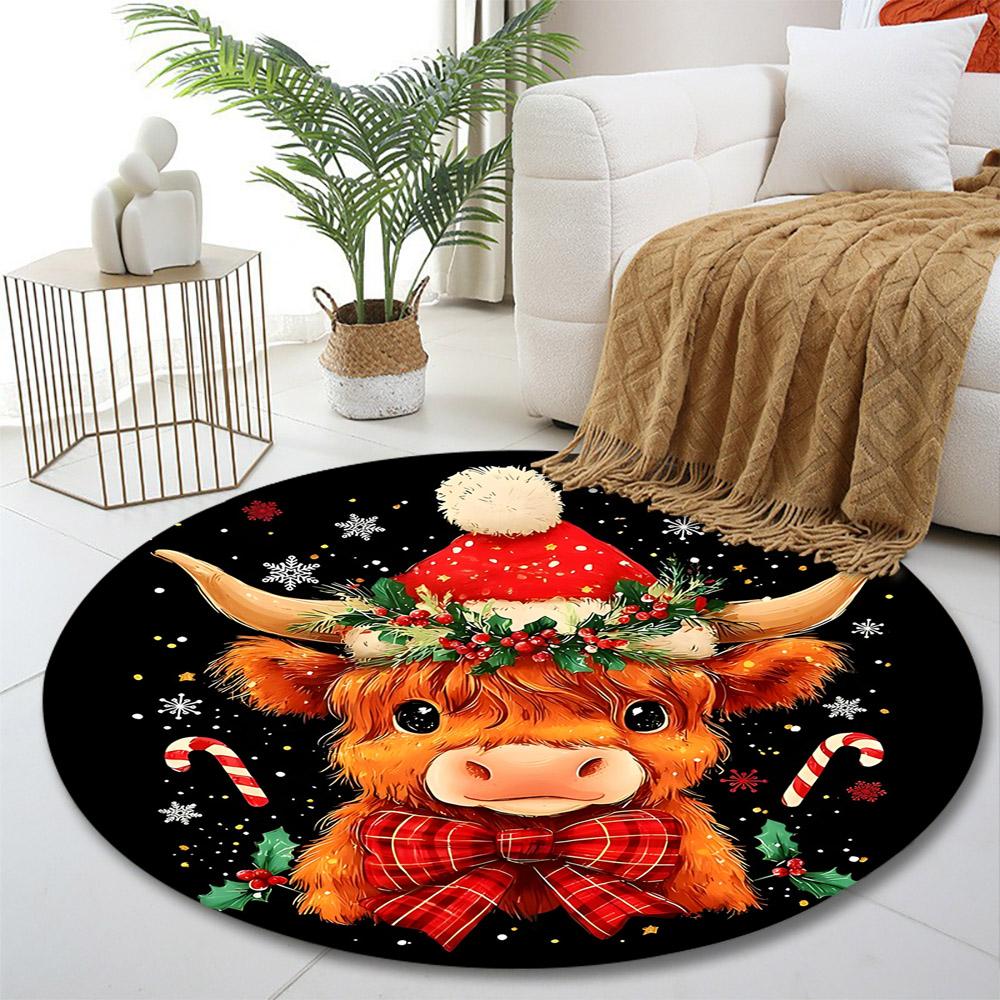 Christmas Highland Cow Santa Hat Illustration Round Rug, Festive Scottish Cattle Carpet for Holiday Living Room Decor