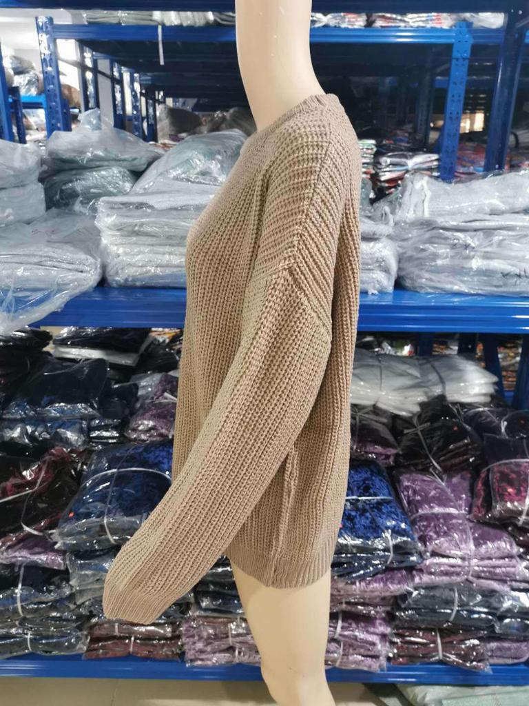 Женский вязаный свитер в стиле ретро - Круглый вырез, Однотонный, Свободный крой, Пуловер для осени/зимы