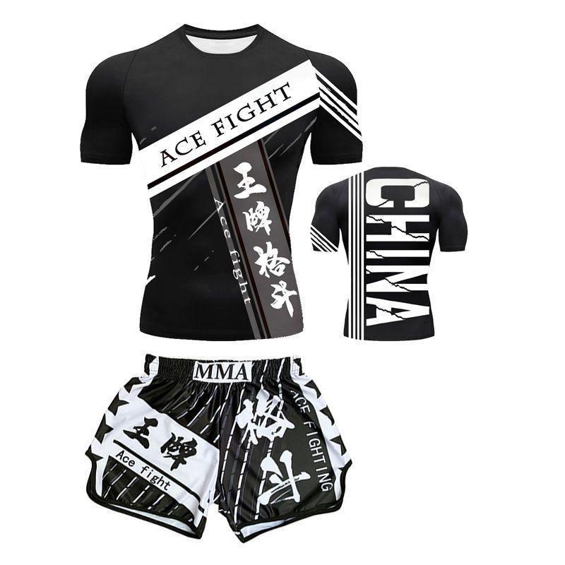 Martial Arts Training Set Mens Quick Dry Boxing Muay Thai Short Sleeve T-Shirt Shorts Sparring Fitness