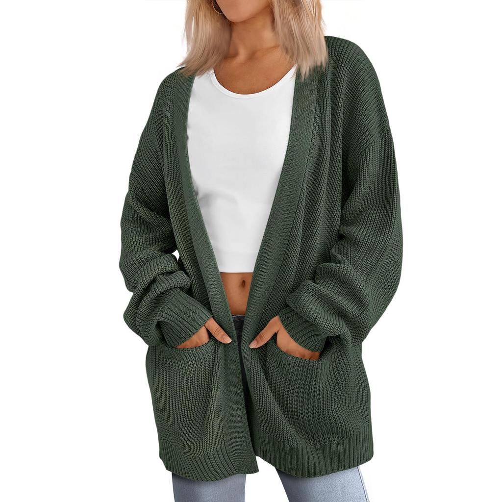 Женский кардиган, вязаный свитер, открытый спереди, повседневный, с длинным рукавом, легкие кардиганы с карманами