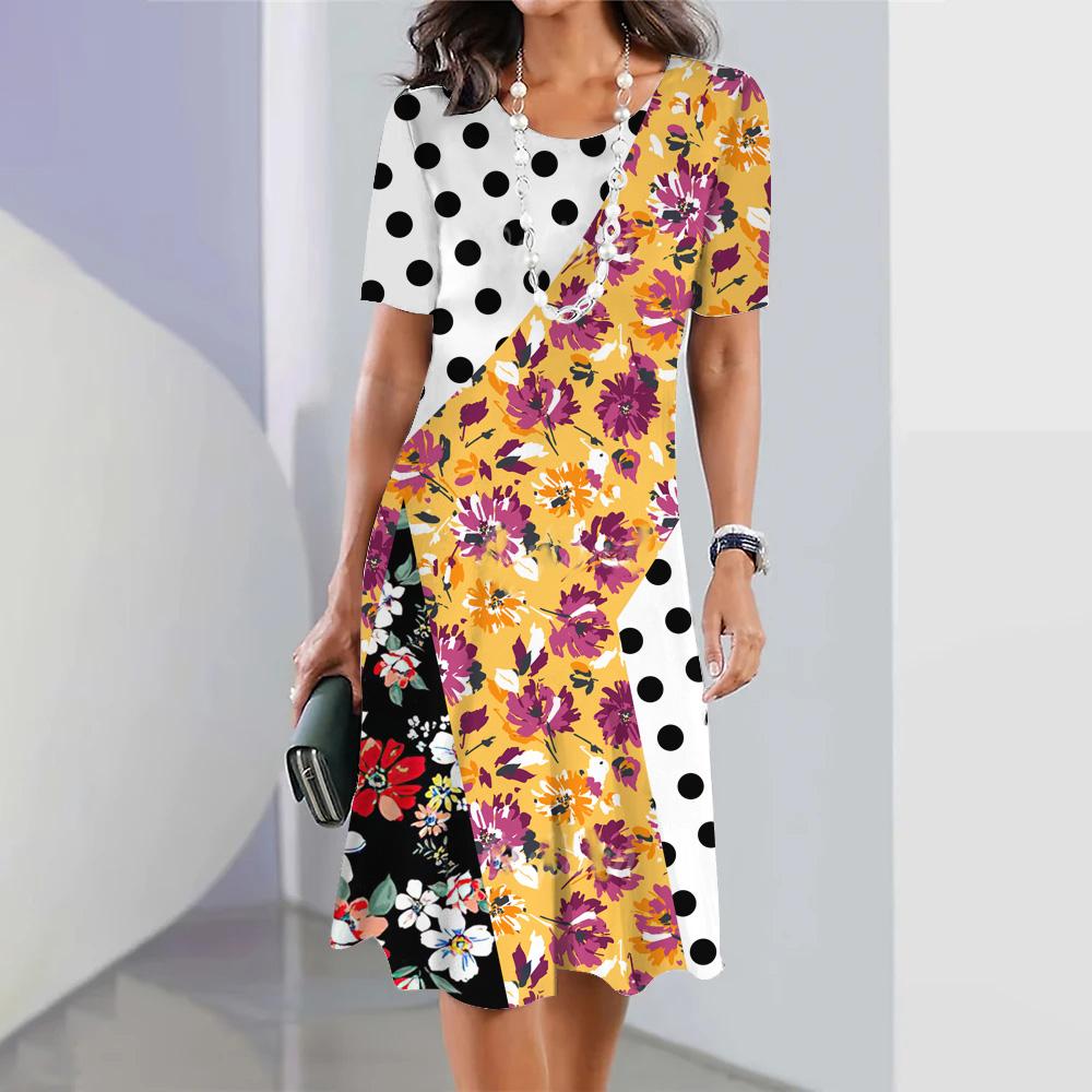 Женское модное платье с цветочным принтом, летнее ретро-платье с круглым вырезом, повседневное платье А-силуэта, свободное женское платье с коротким рукавом