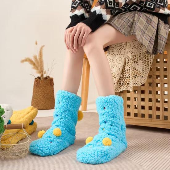 1 Pair Women Socks Cartoon Pattern Thickened Warm Knitting Socks Non-Slip Plush Pilling Resistant Floor Socks
