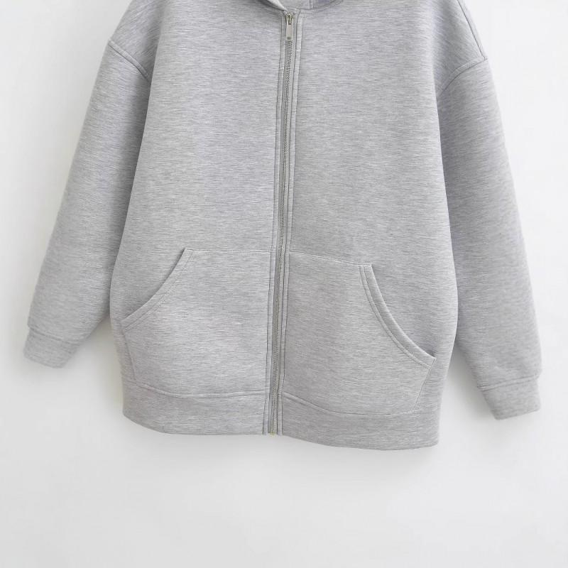Womens Gray Oversized Hooded Sweatshirt Casual Loose Fit Zip-Up Jacket Streetwear Style