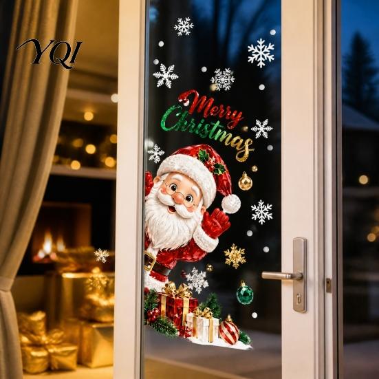 Festive Home Window Decor Christmas Static Clings, Santa Snowman PVC Stickers, Waterproof Clings Glass Decals for Shop Holiday Decorations Snowflake