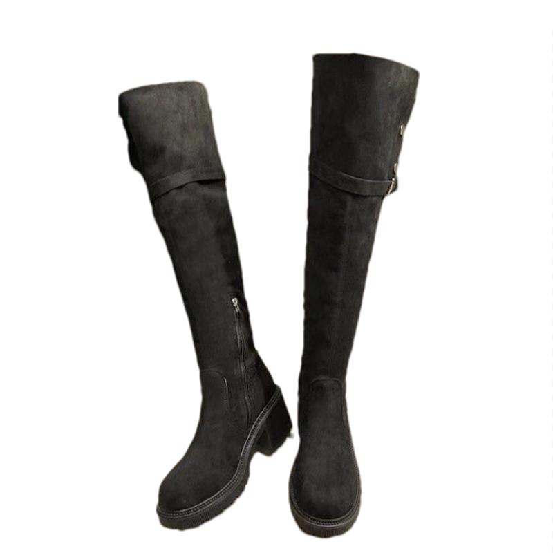 Модные женские замшевые ботфорты на толстом высоком каблуке, обувь выше колена, женский тренд 2025, зимние дизайнерские новые модные сапоги для снега Mujer Botas