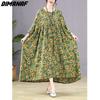 Plus Size Women 2023 New Summer Style Dress Long Sleeve O-Neck Floral Loose Dress Green Linen Basic Dresses