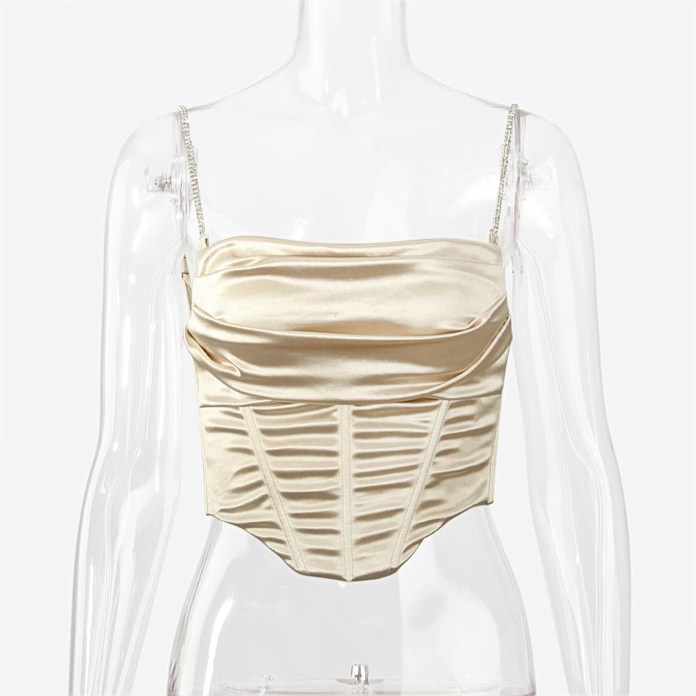 Stretch Satin Diamond Chain Sling Slim Fit Corset Crop Top Women Short Corset Female Summer Camisoles