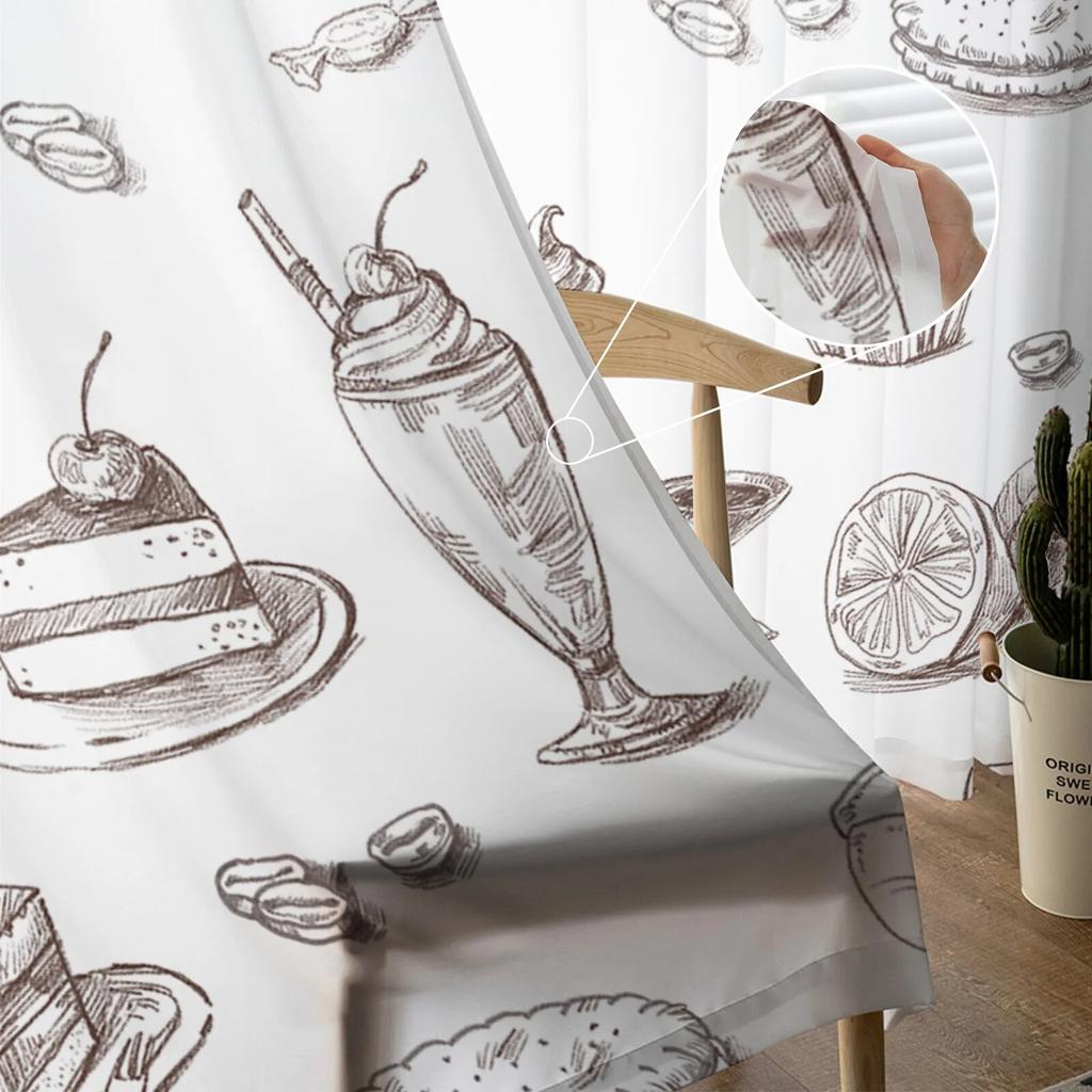 Afternoon Tea Cake Dessert White Window Curtain for Living Room Home Decor Tulle Voile Curtain for Kitchen Bedroom Window