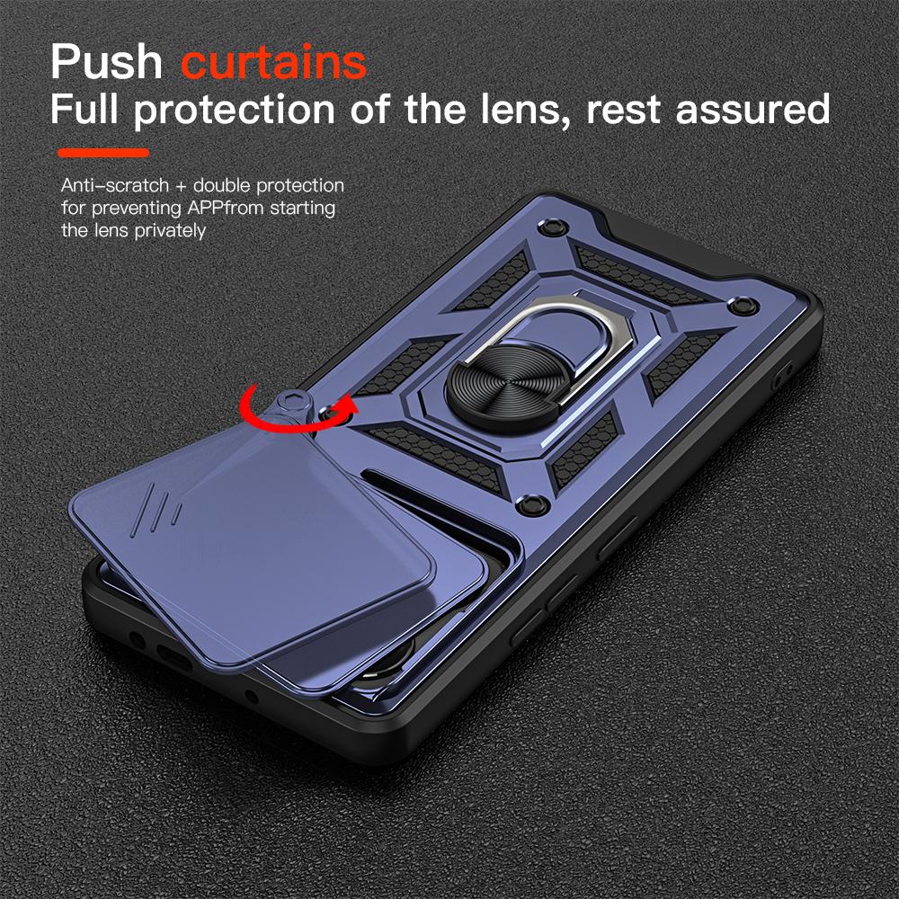 KEYSION Shockproof Armor Case for TECNO Pova 6 Pro 5G Slide Camera Lens Protection Metal Ring Stand Phone Cover for POVA 6 Neo