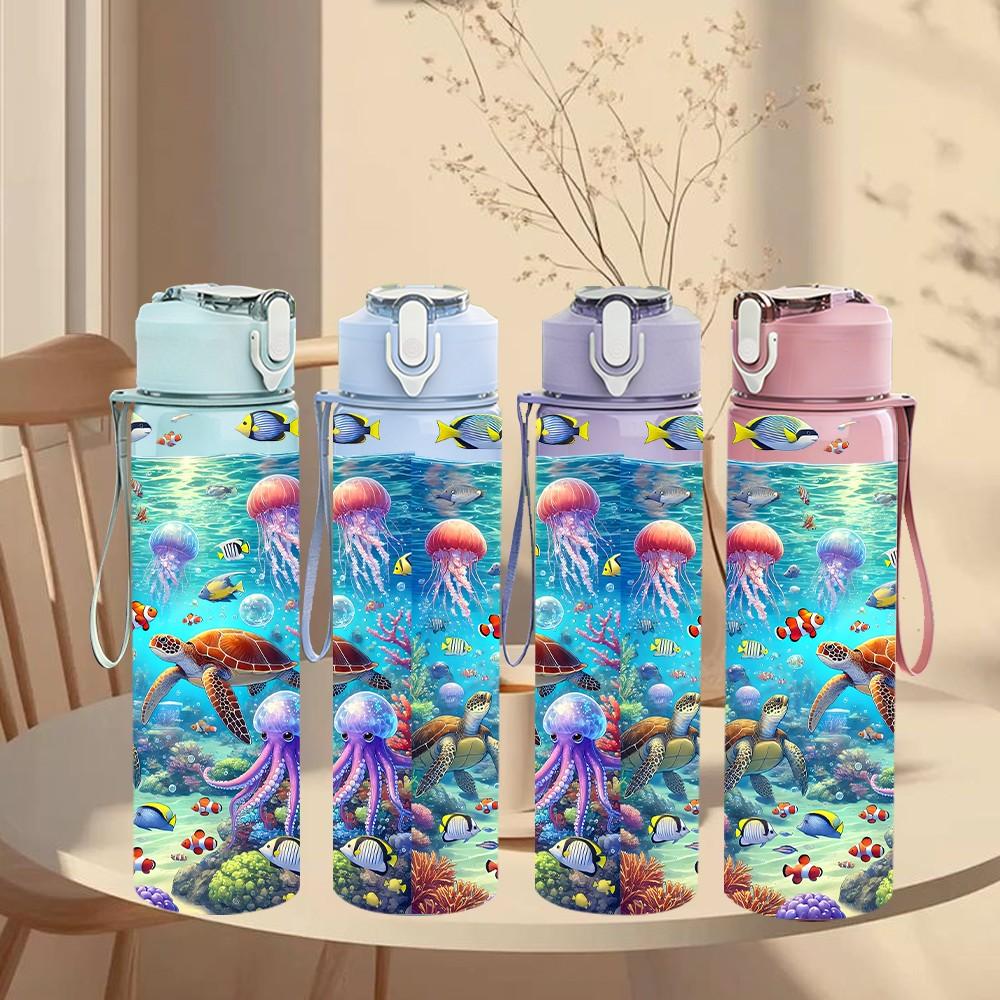 1PC Underwater Coral Fish Ocean Scene Print 750ml Color Plastic Sports Water Bottle Leakproof Flip Straw Lid Suitable for Sports Office Home Use
