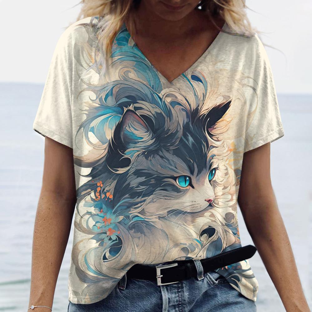Women's V-Neck Short Sleeve T-Shirts Animals Printed Summer Clothing Cute Cartoon Cat Woman Tshirts Streetwear Tops