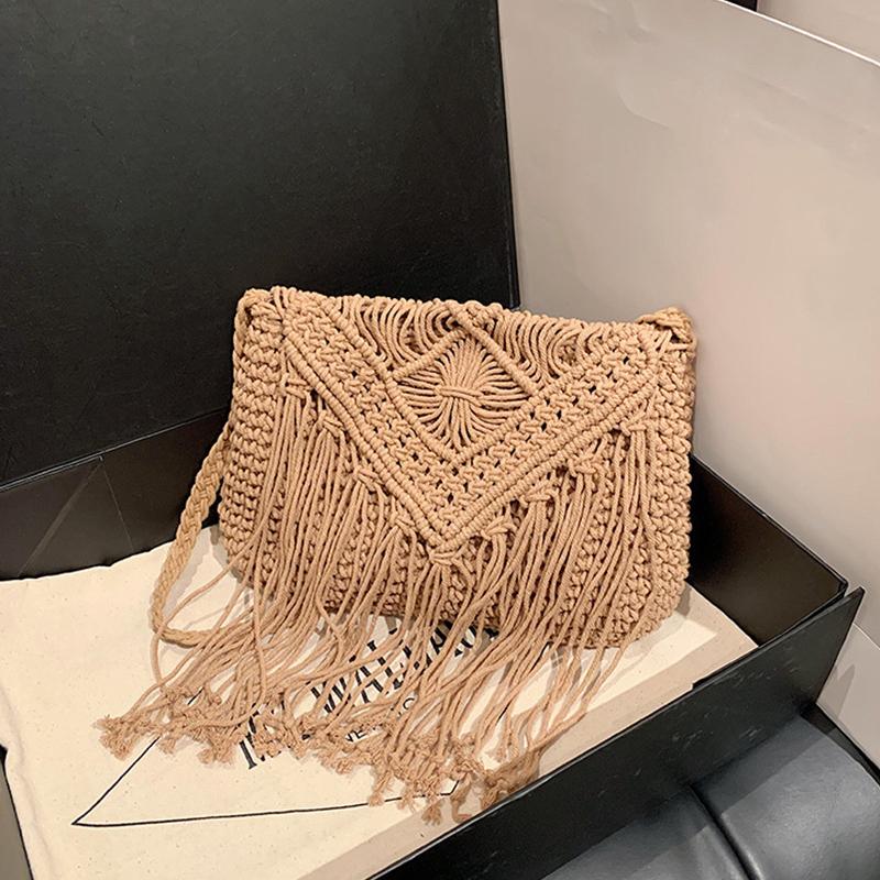 Fashion Casual Cotton Bag Hollow Tassel Beach Bag Flap Hand Woven Bag Cotton Rope Shoulder Crossbody Bag For Women