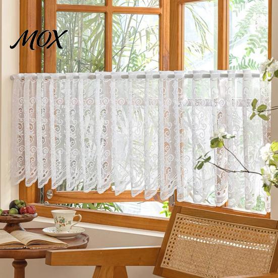 Lightweight Sheer Half Drapes White Lace Kitchen Curtain, Rustic Floral Over Sink Short Small Curtains for Rental House Scalloped Cafe Curtain Living