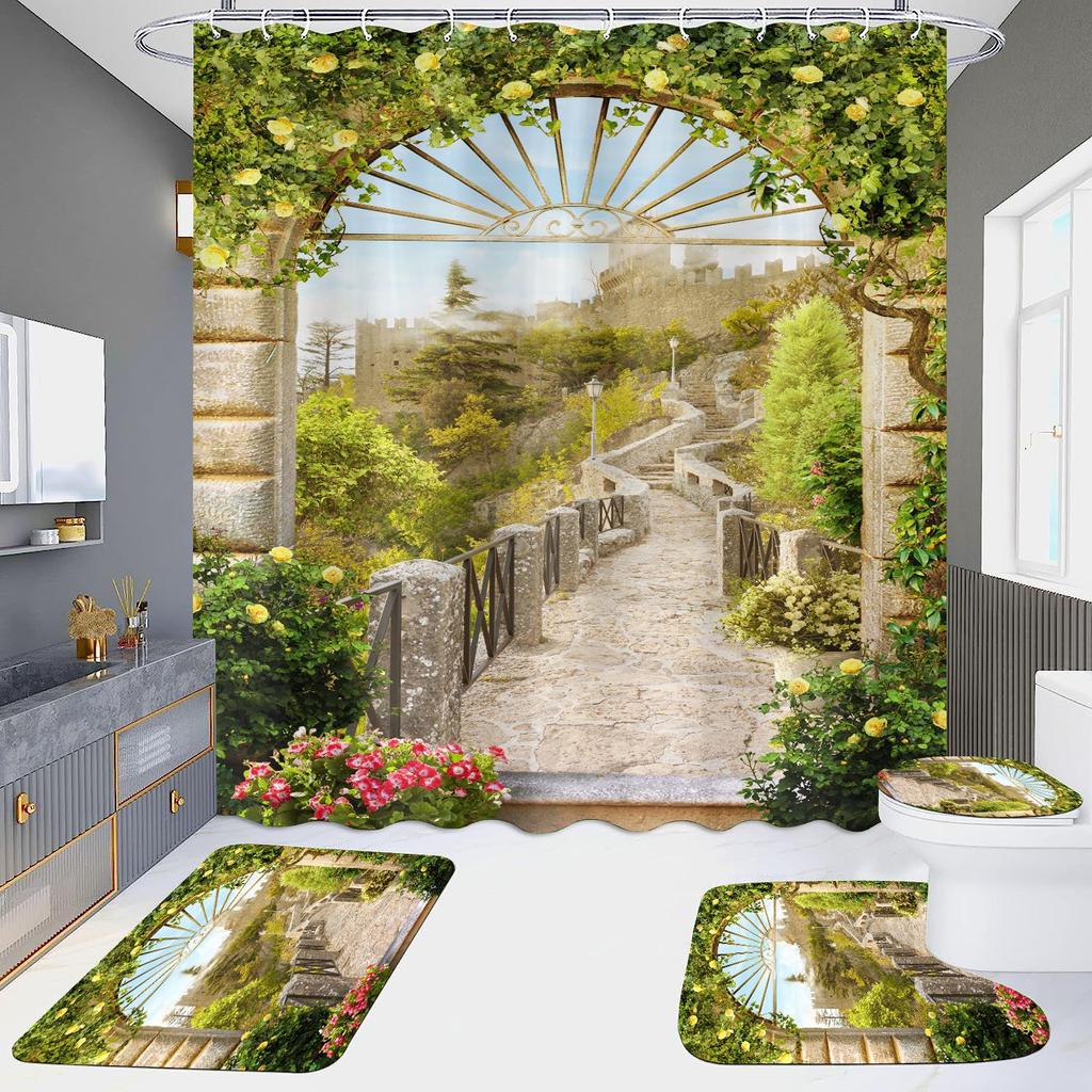 4 шт., наборы занавесок для душа в европейском стиле с архитектурой замка Мандала для ванной комнаты, нескользящие коврики для ванной комнаты, крышка для унитаза, коврик для ванной