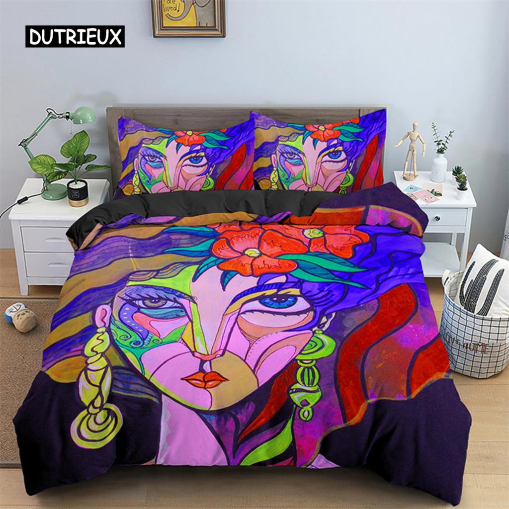Пододеяльник с абстрактным человеческим лицом, двуспальный, двуспальный, из микрофибры, мистический рисунок, комплект постельного белья с психоделическим граффити