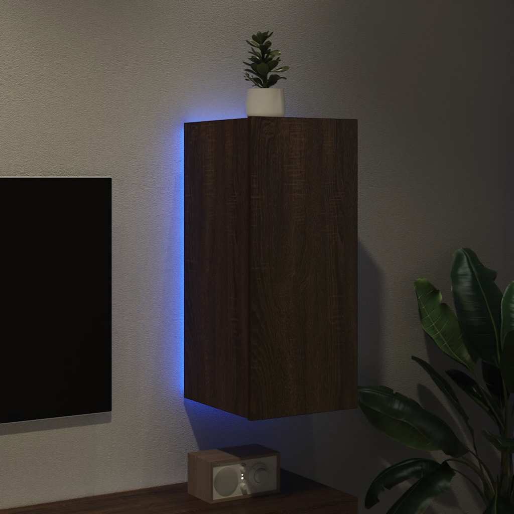 Wall Mounted TV Cabinet with LED Lights Brown Oak Effect 12 x 13.8 x 27.6 in (30.5 x 35 x 70 cm)
