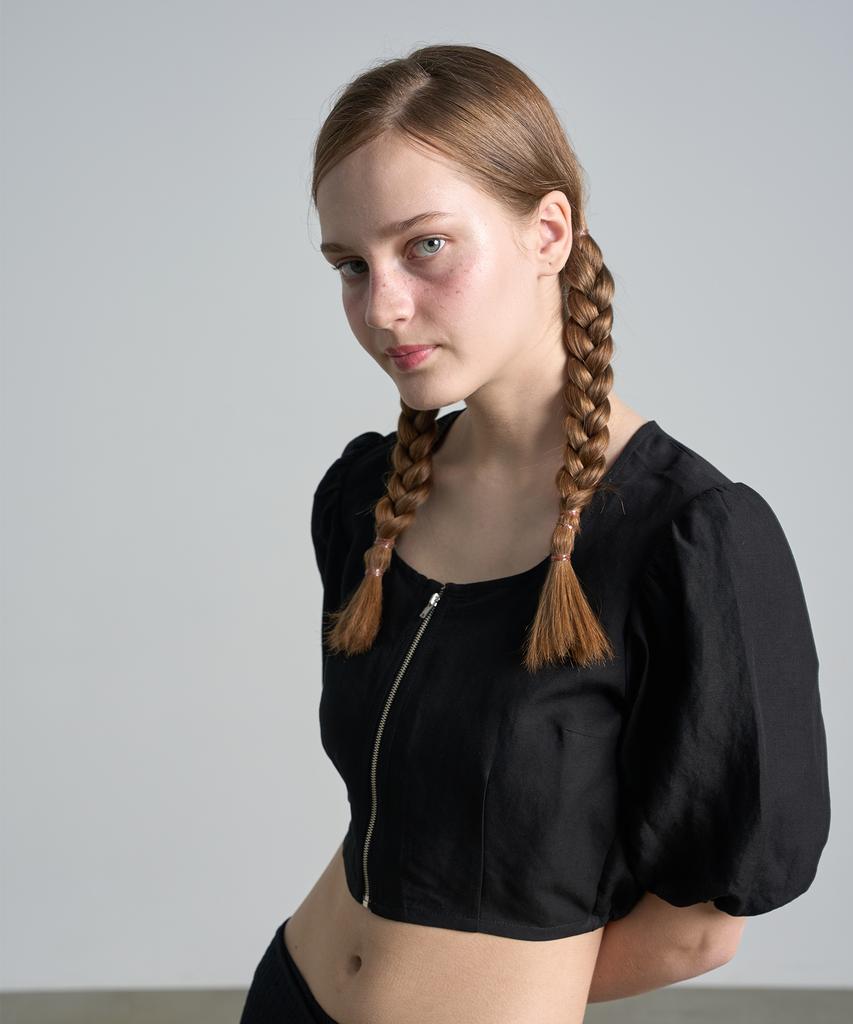 320SHOWROOM Linen Puff Zipper Crop Blouse Black