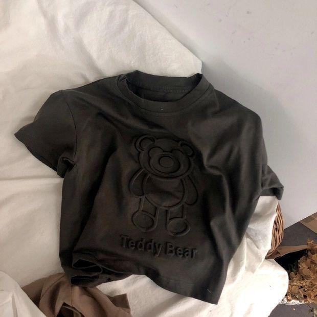 Детская футболка с тиснением медведя, корейская детская трехмерная тисненая мягкая хлопковая футболка с короткими рукавами, мужская и женская детская повседневная рубашка