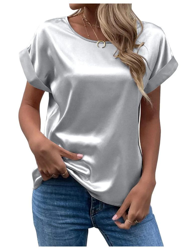Spring and Summer New Women's Short Sleeve Satin Shirt Loose Casual Round Neck Colored Ding T-shirt Women