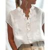 Women's Cotton Blouse Summer White Tops Ruffles V Neck Short Sleeve Casual Shirt