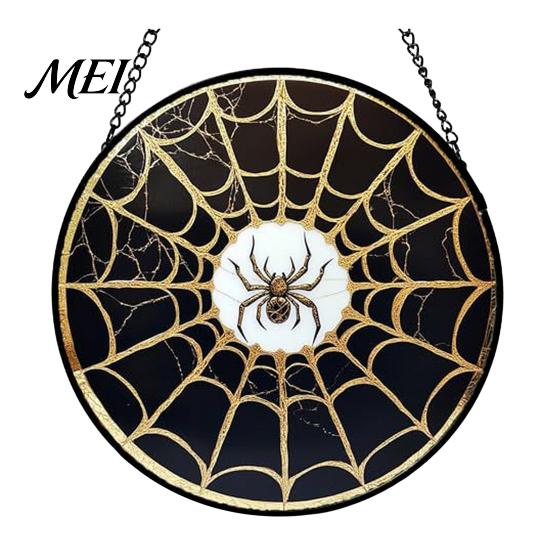 Halloween Window Decorations Stained Glass Suncatcher Ornament, Vintage Hanging Decor with Pumpkin Ghost Bat Witch Unique Holiday Art Hat Pattern,