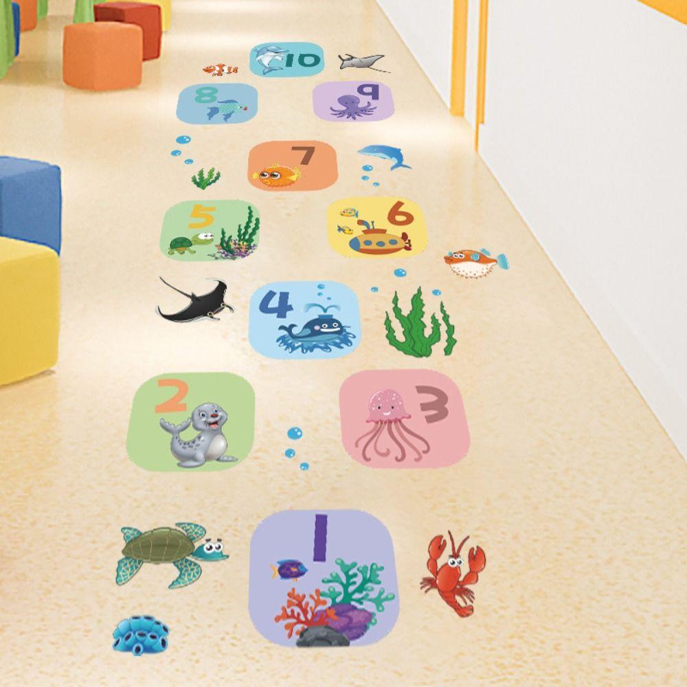 Animal Parent-child Floor Stickers Cartoon Underwater World Hopscotch Game Number Grids Decals