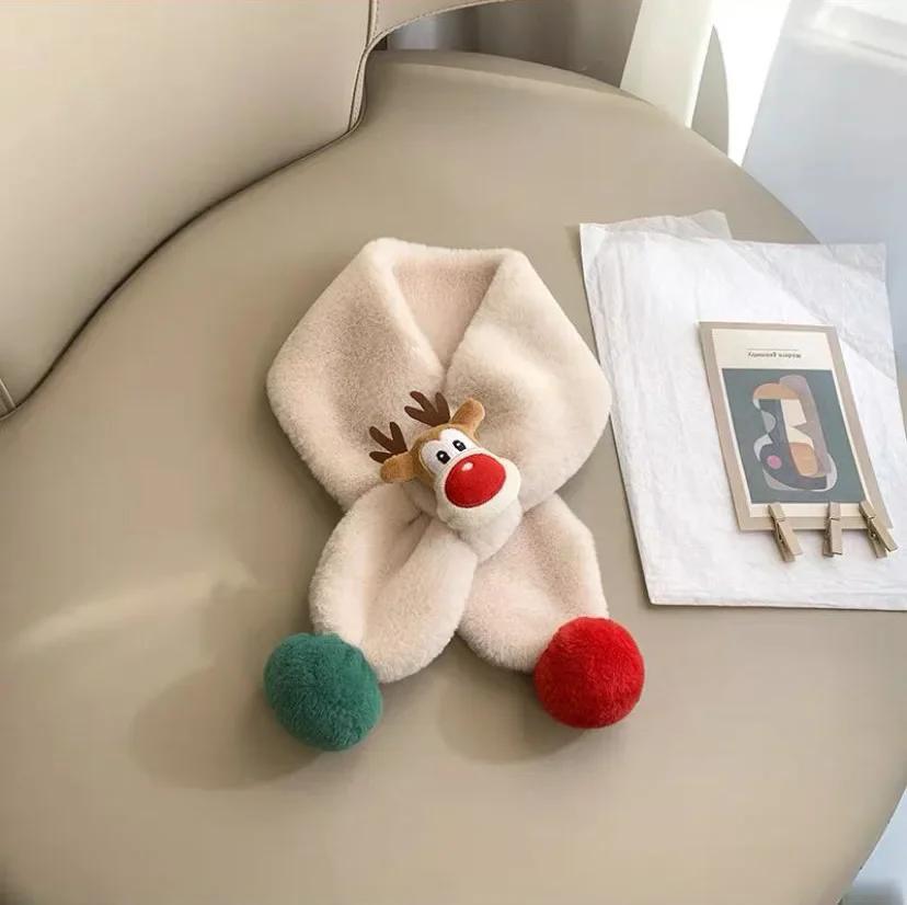 Cartoon Deer Scarf Soft Plush Neck Warmer with Furry Pom Pom Unisex Winter Shawl Wrap for Daily Wear Holiday Gift Accessories