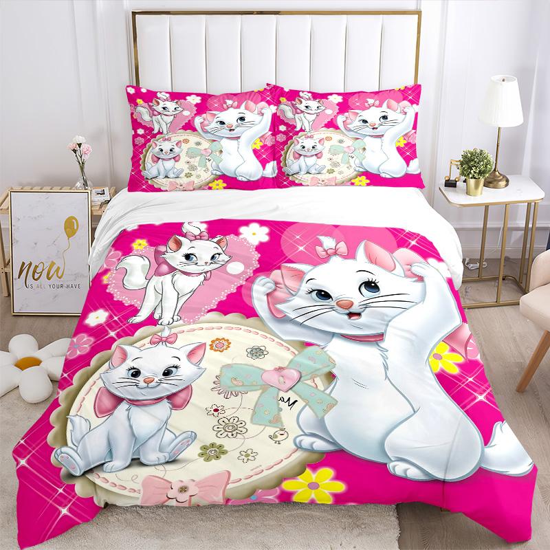 Pink Floral Cats Print 3Pcs Bedding Setduvet Cover With 2 Bedropillowcase Home Birthday Gift