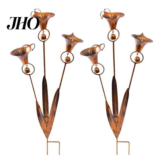 Metal Garden Decoration 2 Pcs Flamed Copper Three Calla Lilies Stake with Bells, Handmade Rain Catcher Soothing Chimes Flower, Plant Yard Art, Rustic