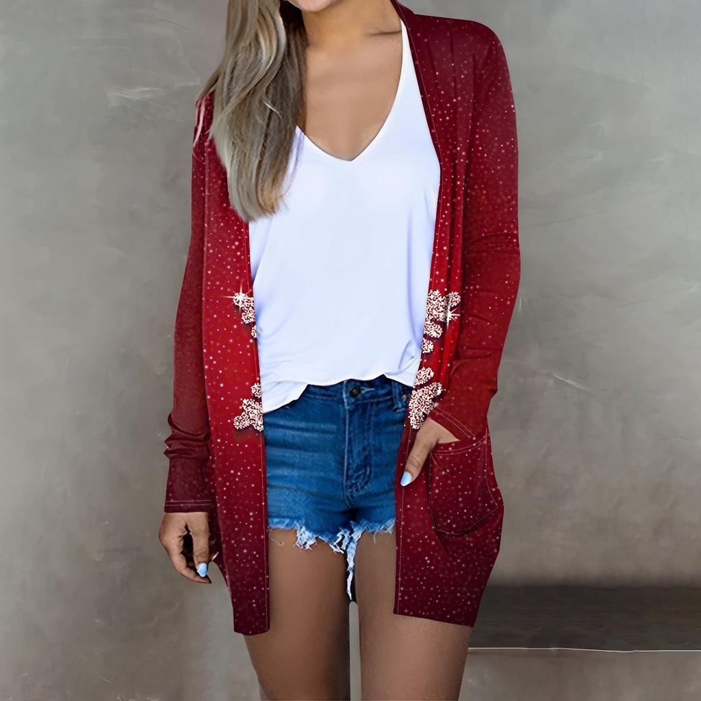 Женская мода, повседневный рождественский принт, кардиган средней длины, куртка, пальто