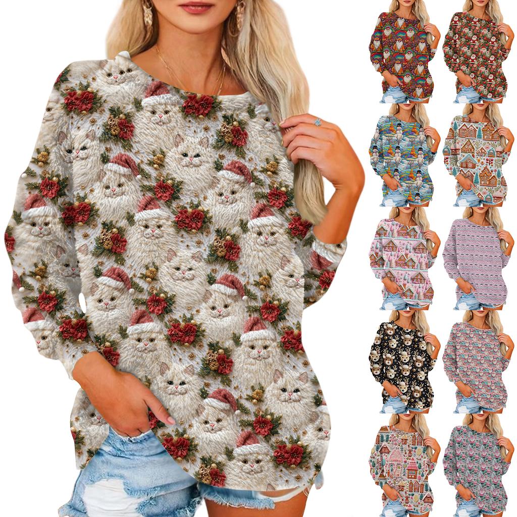 Women's T Shirt Flannel Print Tunic Long Sleeve Party Round Neck Tops