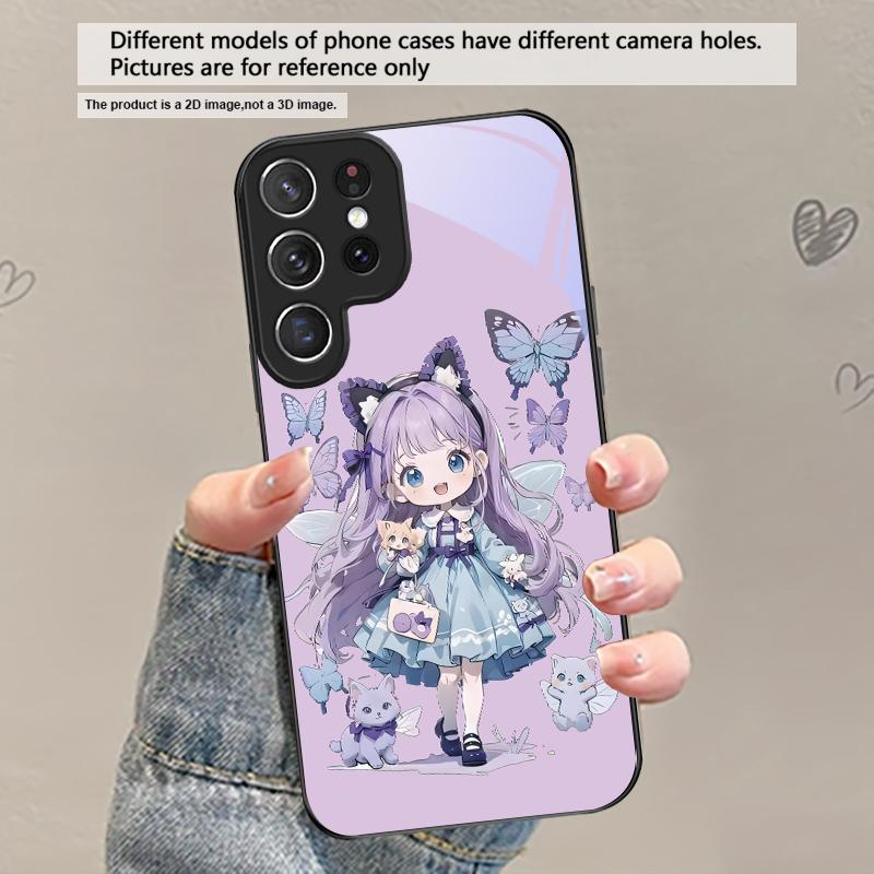 Q-версия Синяя Бабочка Для Samsung Galaxy S20 S21 S22 S23 Plus S24 FE S25 Ultra S26 Edge S25+ S20+ S22+ Черный Стеклянный Чехол для Телефона