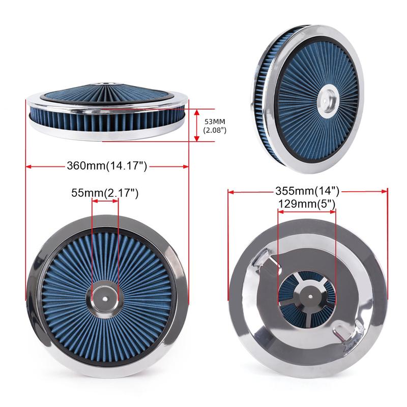 RASTP- Universal Air Cleaner Filter 14" Wide 2" Tall With Super Flow Thru Lid Washable Round 5-1/8-inch Neck Flange OFI178